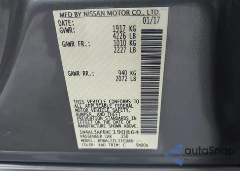 2017 Nissan Altima 2.5 Sv from USA, damaged, VIN 1N4AL3AP6HC190864